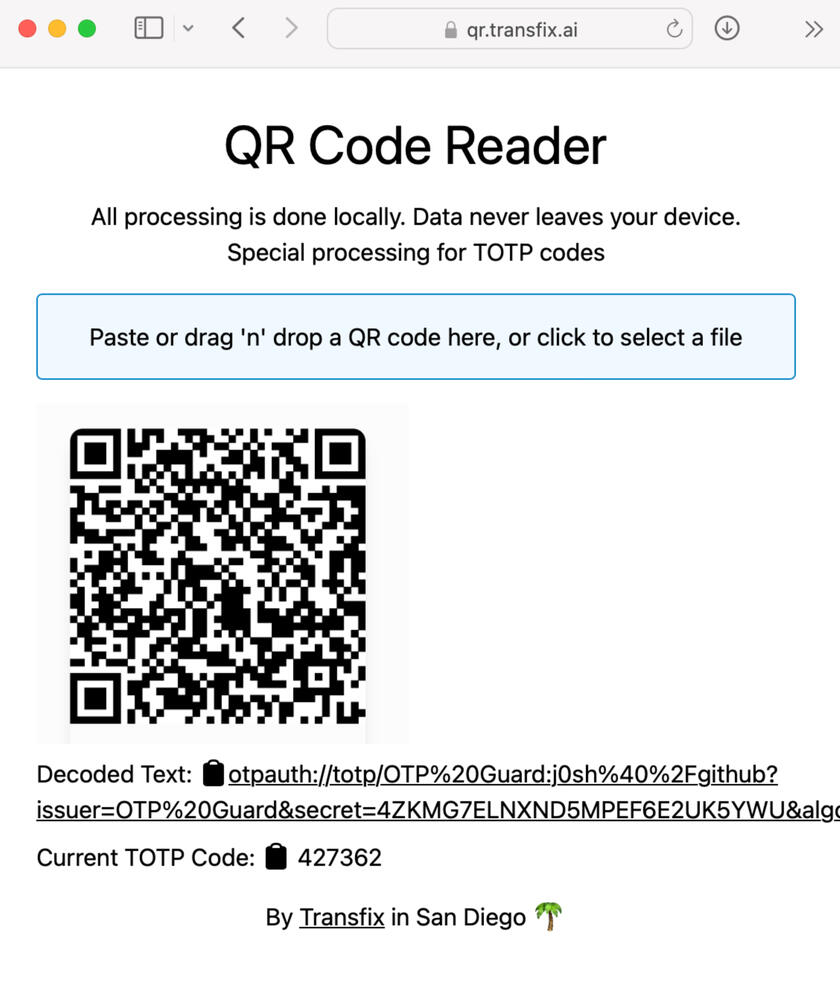 Screenshot of the Transfix QR Code Reader